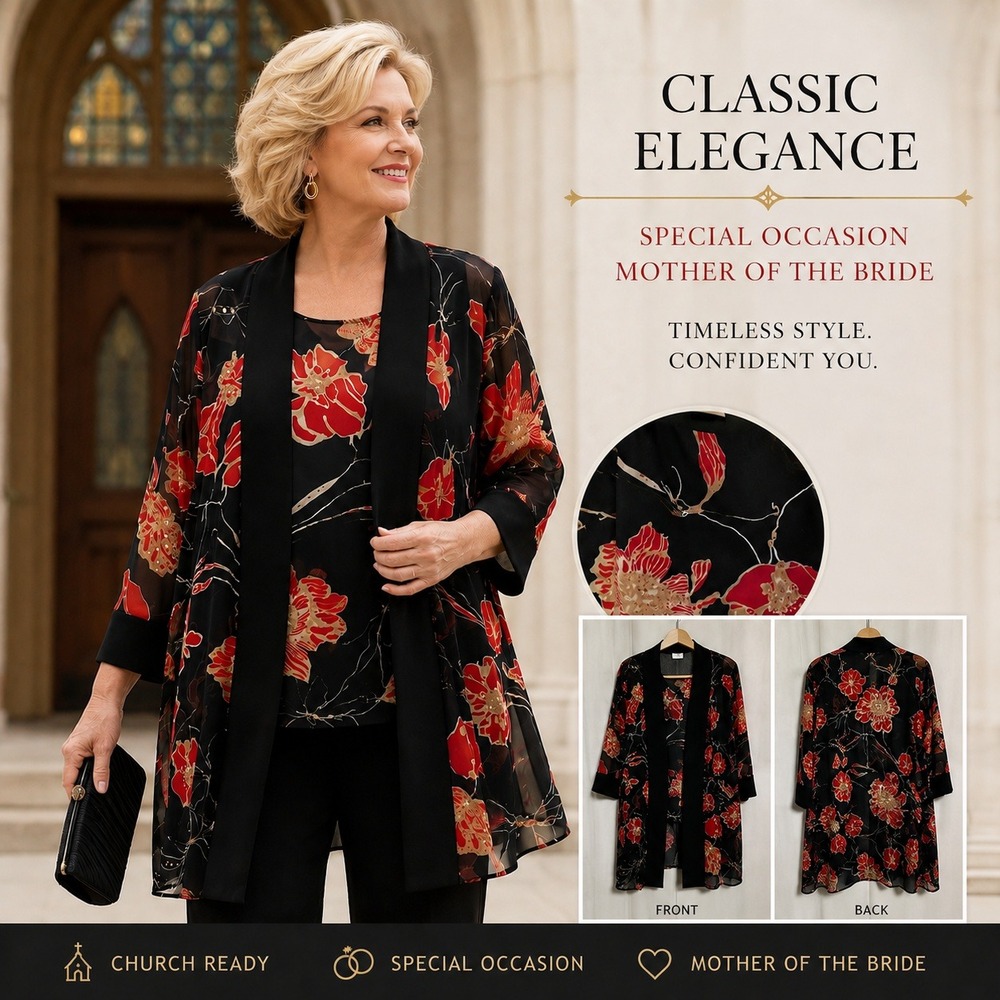 Dana Kay Duster Set Women 16W Black Red Floral Sequin Sheer 2pc Evening Church